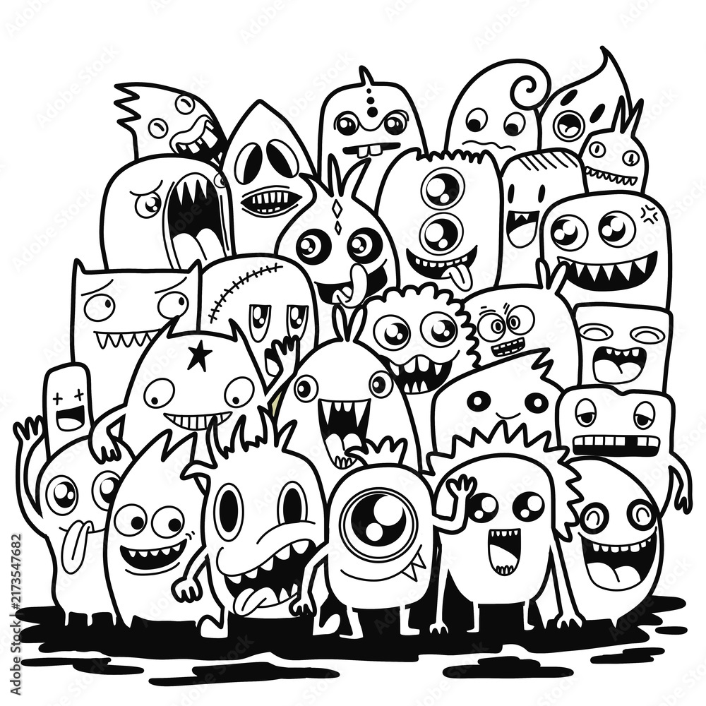 Obraz premium Hand-drawn illustrations, monsters doodle, Hand Drawn cartoon monster illustration,Cartoon crowd doodle hand-drawn Doodle style.black and white stripes coloring book.