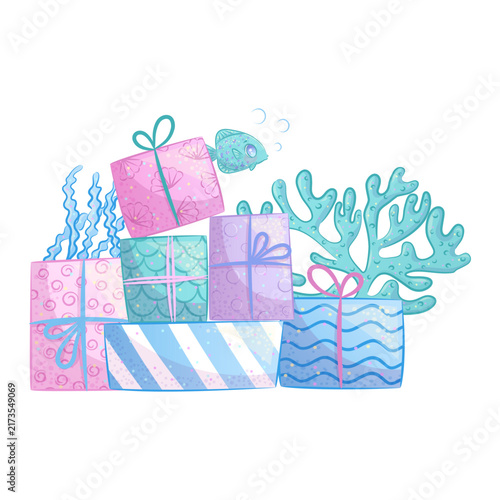 Hand-drawn gift boxes in the underwater world style. Isolated on a white background. Children's vector cartoon illustration for poster design, printing, textiles