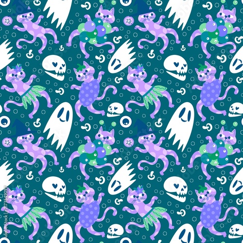 Halloween animals seamless cats pattern for wrapping paper and fabrics and linens and kids clothes print
