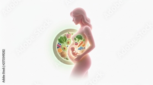 Healthy prenatal nutrition concept illustration of a pregnant woman with fetus and organic food