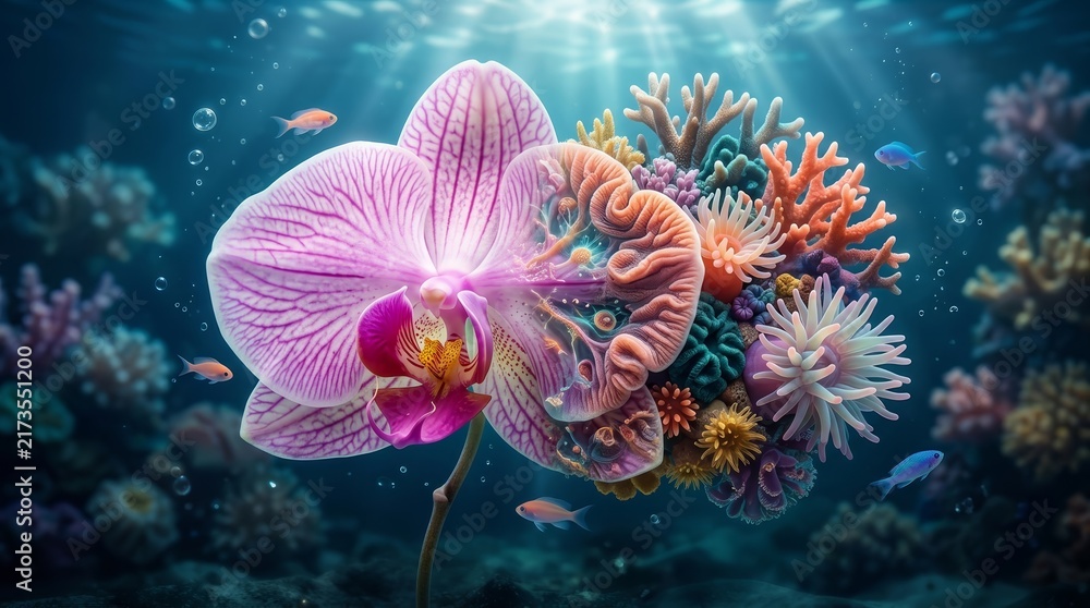 Obraz premium Surreal orchid flower morphing into a vibrant underwater coral reef.