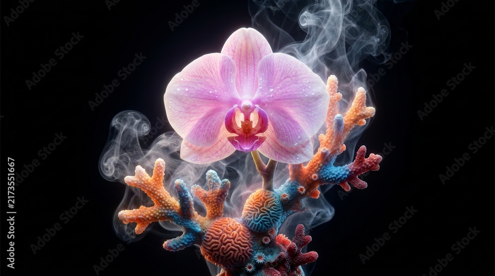 Naklejka premium Beautiful orchid flower combined with colorful coral reef textures.