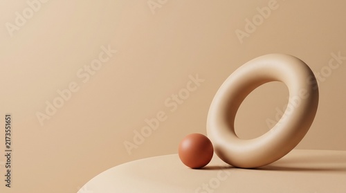 Abstract composition with curved beige loop and small reddish brown sphere on platform.
