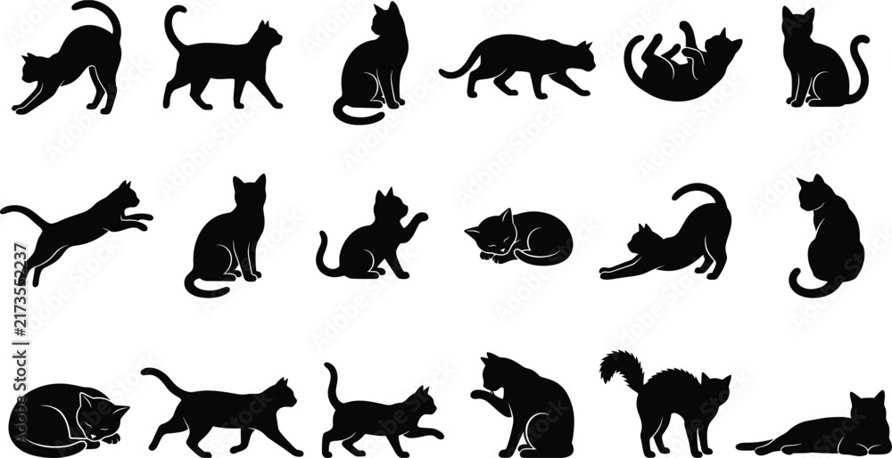 Obraz premium Set of black cat silhouettes in various poses including sitting, stretching, playing, sleeping, walking, and jumping on white background
