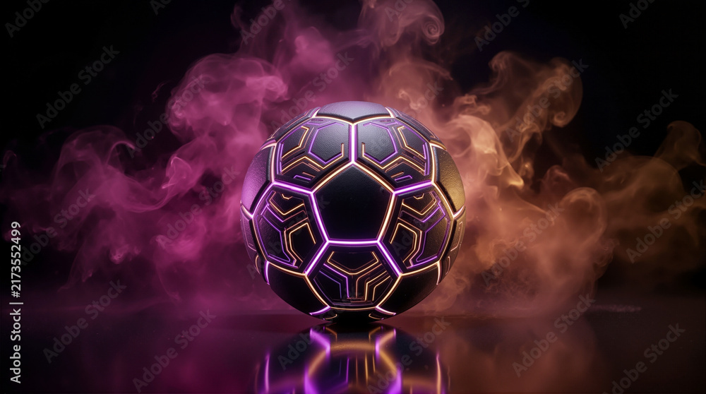 Fototapeta premium Futuristic Neon Glowing Cyberpunk Soccer Ball with Purple and Gold Smoke on Dark Reflective Surface