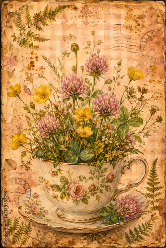 Vintage Botanical Flower Bouquet on Antique Paper