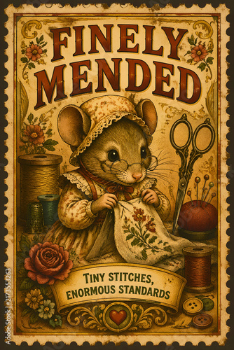 Vintage Mouse Tailor with Fine Mended Clothing Poster