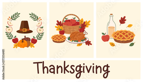 Thanksgiving holiday vector illustrations, autumn harvest food icons with roasted turkey and pumpkin pie, flat fall seasonal greeting cards