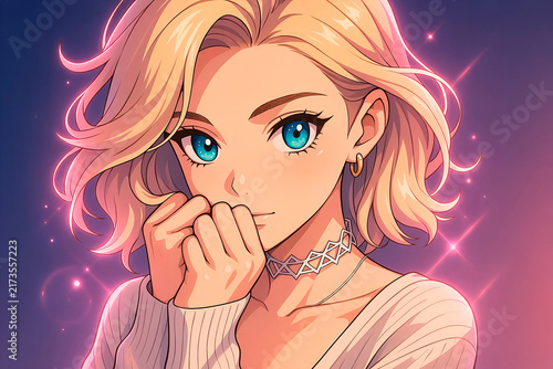 Beautiful girl with bright blue eyes and long hair illustration anime.