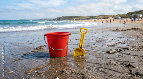 Red plastic bucket and yellow spade on a wet sandy beach with ocean waves, concept of family summer vacation