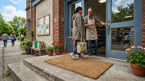 Smiling shopkeeper welcoming female customer with reusable bag at store entrance, local business concept