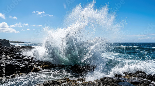 Powerful ocean wave splashing against dark volcanic rocks on a sunny coast, showing dynamic natural energy