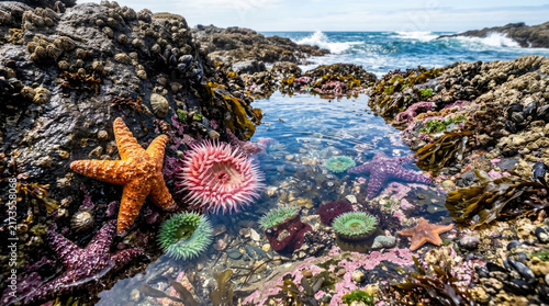 Colorful starfish and sea anemones in a rocky tide pool on the ocean shore, marine biodiversity concept