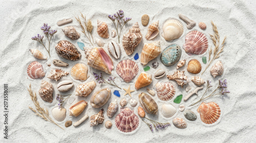 Assorted colorful seashells and dried lavender on white sand, creating a serene summer spa background
