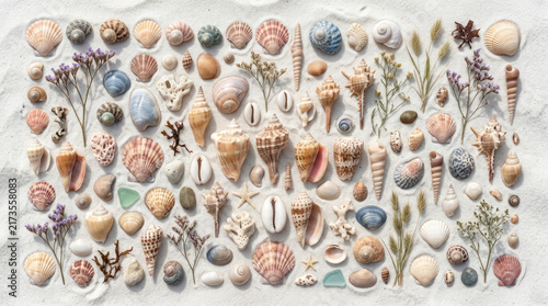 Diverse seashells and beach plants arranged neatly on white sand, flat lay composition for summer coastal decor