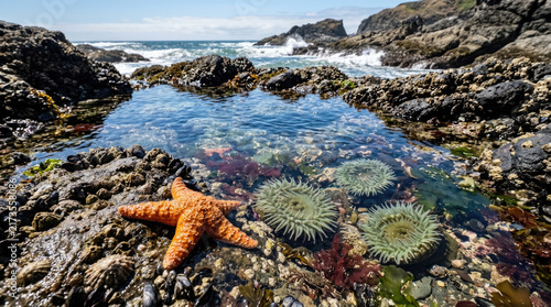 Orange starfish and green sea anemones in a clear coastal tide pool, showcasing marine biology and wild ocean ecology
