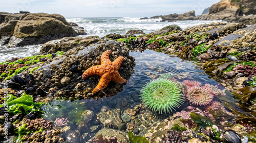 Orange starfish and green sea anemone in a rocky coastal tide pool showcasing marine biodiversity
