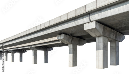 Concrete highway bridge structure showing elevated road pillars and heavy industrial construction materials for urban infrastructure development projects 
