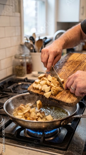 Close-up of hands scraping chopped vegetables from a wooden cutting board into a hot stainless steel pan