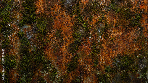 Rusty metal texture with green moss, weathered iron surface background, industrial decay and organic growth pattern