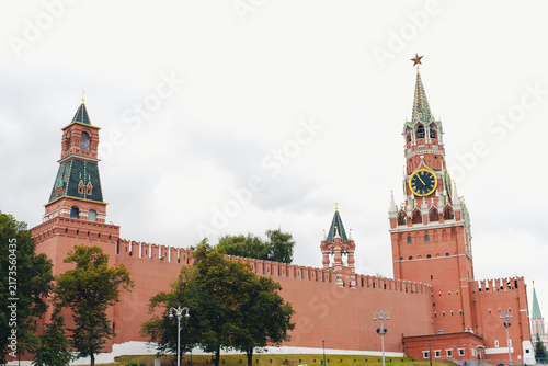The Kremlin clock tower. The Kremlin clock on the tower. Red Square.