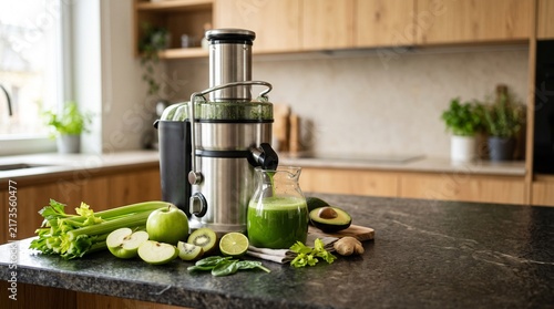 Green Juice Being Made In A Kitchen With Fresh Healthy Ingredients On
