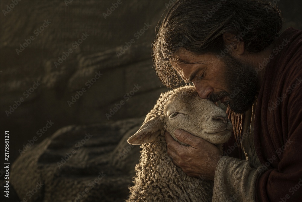 Fototapeta premium Bearded shepherd embracing a lost sheep in a dark rustic setting. Biblical parable of compassion, mercy, protection and spiritual salvation with copy space.