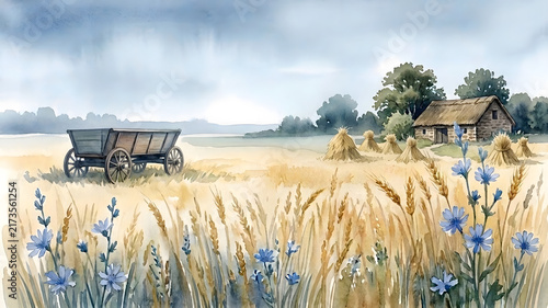 Watercolor landscape depicting a harvest scene: a wheat field, a wooden cart, and a stone cottage. Autumn background with space for text.
