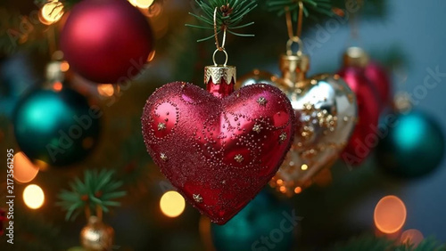 Red heart shaped christmas baubles. 