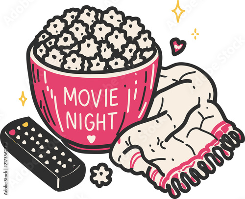 Obraz na plátne Movie Night Cute Typography Illustration with Popcorn Bucket and Hearts for Cozy