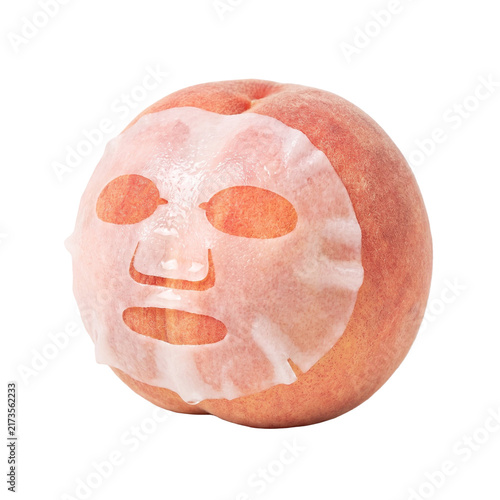 Peach Fruit Wearing a Facial Sheet Mask, Creative Nature and Skincare Concept for Beauty, Wellness, Self Care, Organic Cosmetics and Natural Beauty
