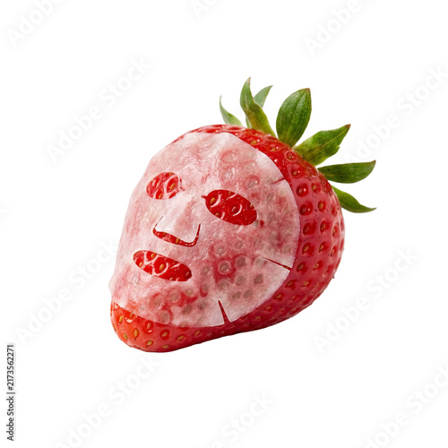 Strawberry Fruit Wearing a Facial Sheet Mask, Creative Nature and Skincare Concept for Beauty, Wellness, Self Care, Organic Cosmetics and Natural Beauty