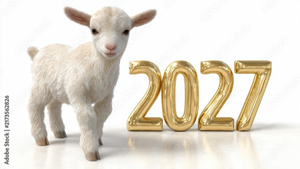 Fototapeta premium Cute goat with golden 2027 sign celebrates the new year with festive charm