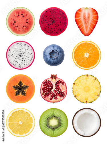 Colorful tropical fruit slices arranged in a vibrant collection, fresh watermelon, dragon fruit, papaya, blueberry, orange and pineapple isolated for food designs and healthy lifestyle campaigns