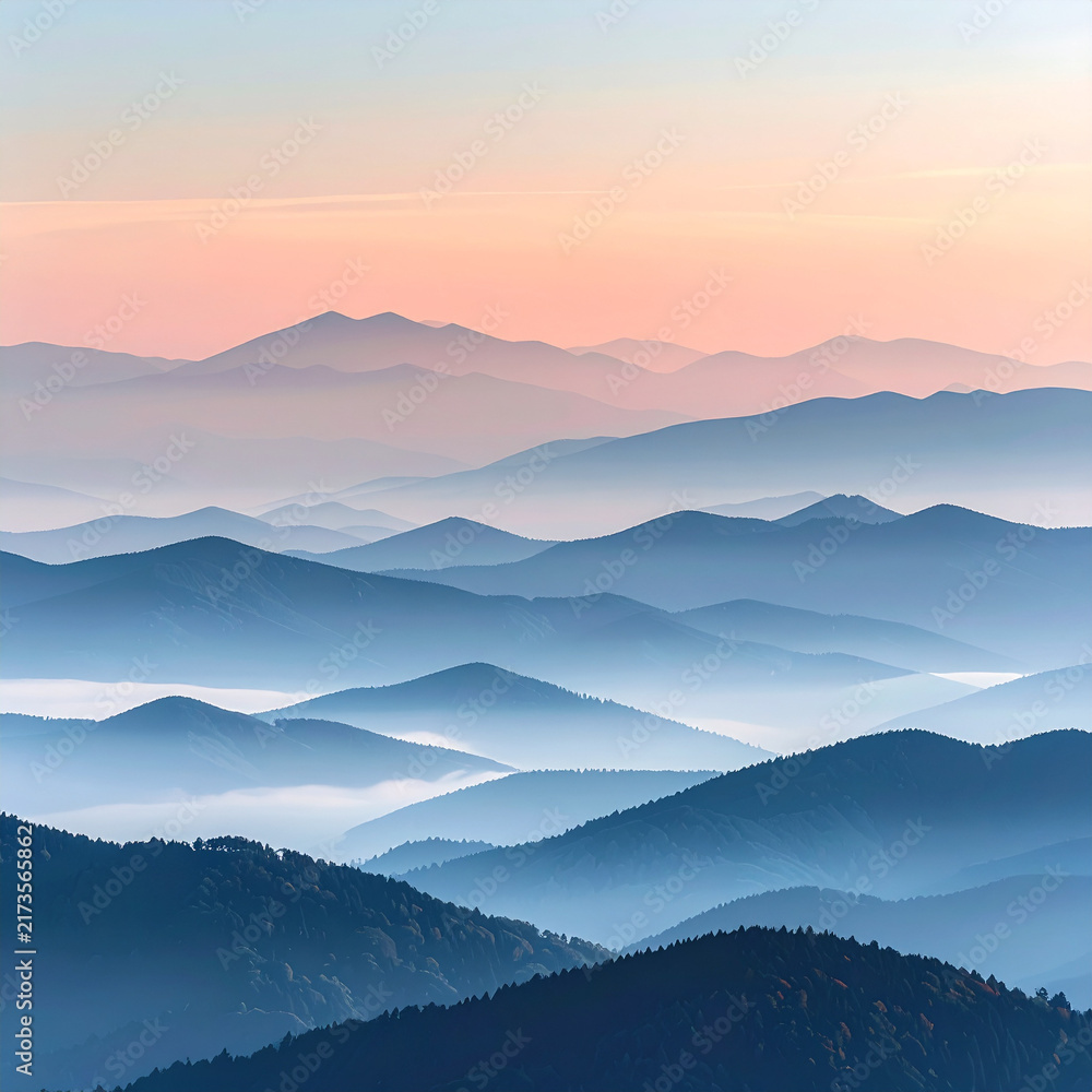 Fototapeta premium Misty blue mountain ridges layered under a soft pink sunrise sky