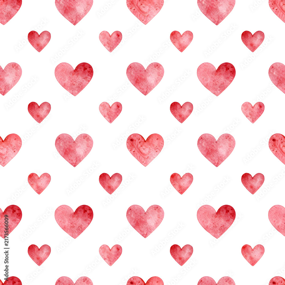 Fototapeta premium Seamless pattern with watercolor pink hearts on white background