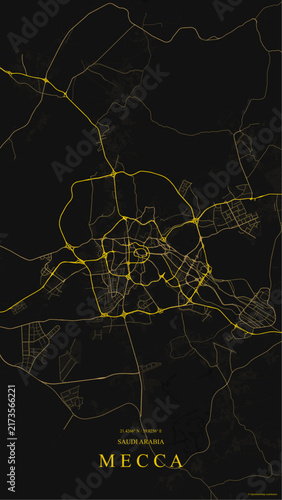 Sleek dark and gold street map of Mecca (Makkah), Saudi Arabia, detailing its concentric ring road network, surrounding mountain roads, urban grid, and geographic coordinates.