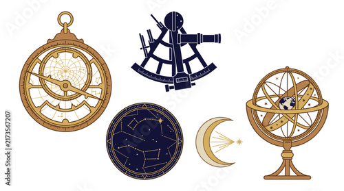 Bild auf Leinwand Set of vintage navigation and astronomy tools including astrolabe, sextant, armi