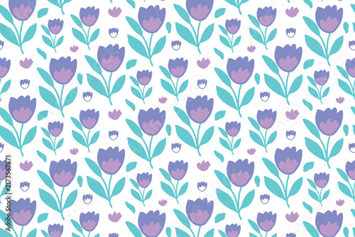 Elegant Purple and Blue Tulip, Floral Pattern with Green Leaves on Clean White Background, Seamless Botanical Design.