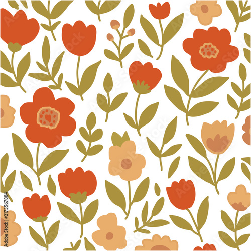 Warm Red and Orange Floral Pattern with Stylized Blossoms and Olive Green Leaves on Clean White Background.