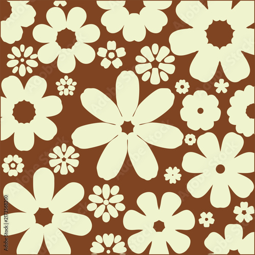 Retro Cream Floral Pattern with Stylized Vintage Blossoms on Warm Brown Background, Seamless Decorative Design.