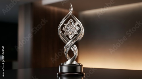 Award of Excellence: A prestigious, intricately designed silver trophy stands on a dark pedestal, symbolizing achievement and recognition in a sophisticated setting.
