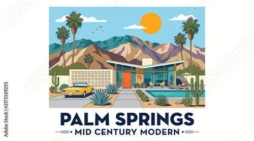 Very beautiful realistic flat vector travel poster featuring a Palm Springs inspired modernist house, desert mountains, orange sun, PALM SPRINGS • MID CENTURY MODERN, isolated on white background, no 