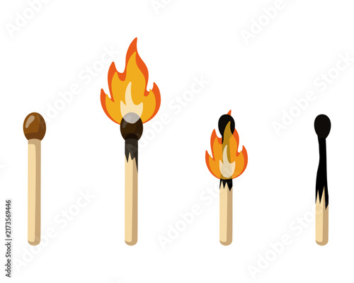 Set of four matchsticks showing ignition, burning and extinguished stages. Cartoon vector illustration on white background