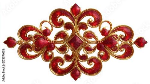Symmetrical gold ornament with translucent red glass inlays isolated on a white background