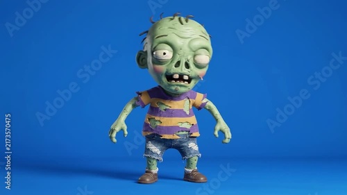 3D Animated Cartoon Zombie Character Walking on Blue Background.