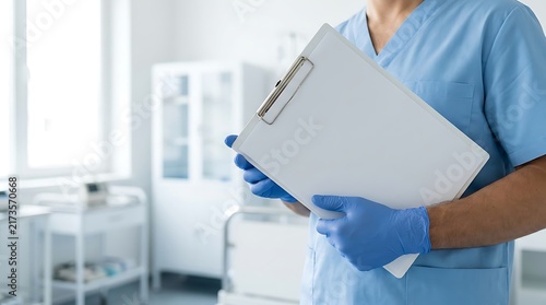 Medical professional holding a clipboard in a hospital setting.