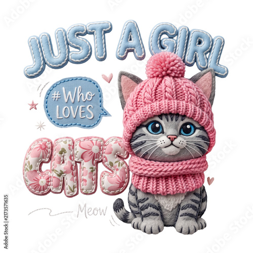 Stitched Felt Patch Style Cute Kitten With Text Graphic Design Asset