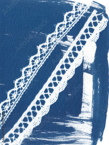 Cyanotype laces illustration. Handcrafted using traditional sun print techniques, featuring delicate and intricate lace textures in classic Prussian blue tones