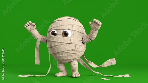 Cute 3D cartoon mummy character dancing on green screen background.